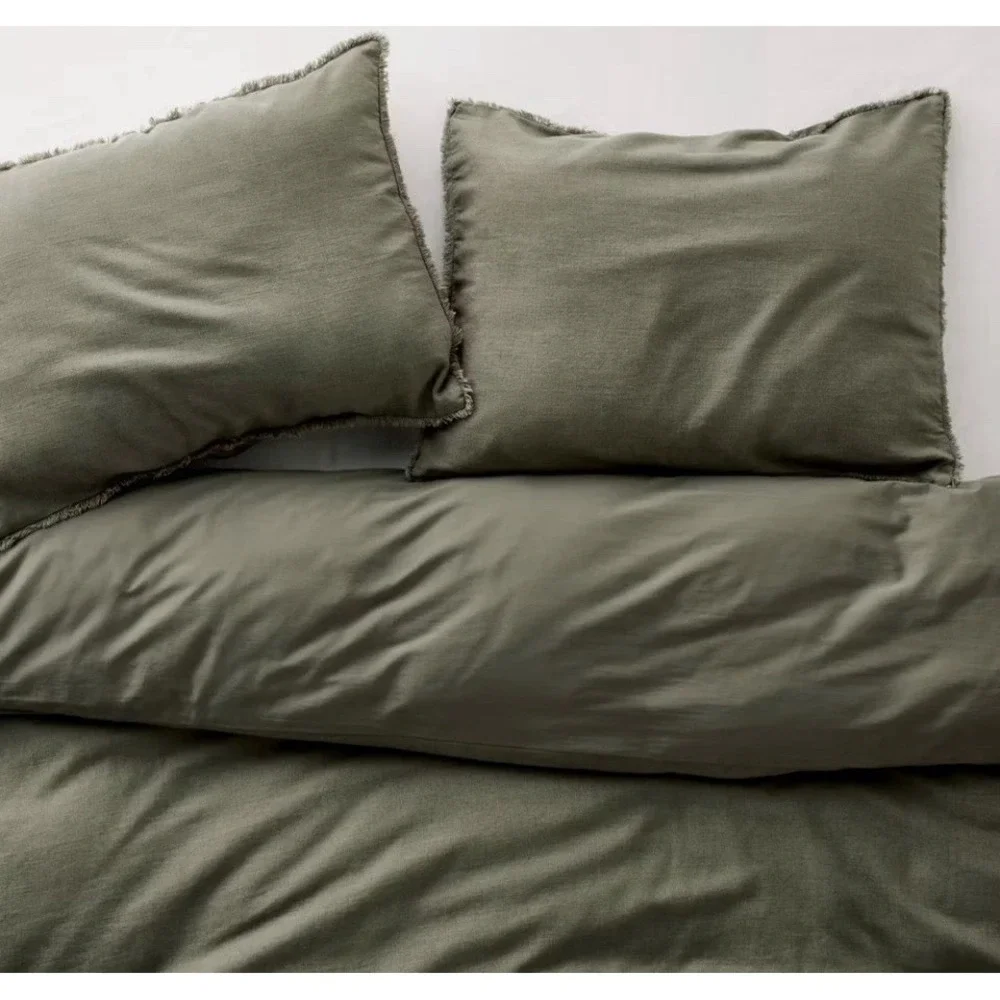 CASALUNA Full Queen Heavyweight Linen Blend Duvet Cover and Sham Set Olive Green